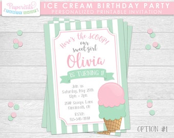 Ice Cream Theme Happy Birthday Party Invitation | Pink & Green | Personalized | Printable DIY Digital File