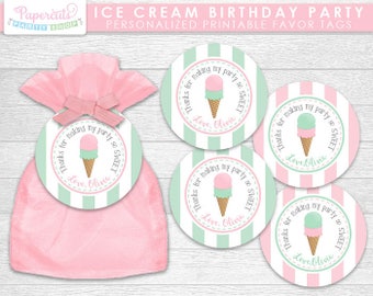 Ice Cream Theme Happy Birthday Party Favor Tags | Pink & Green | Personalized | Printable DIY Digital File