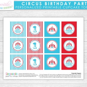 Circus / Carnival Theme Birthday Party Cupcake Toppers Aqua & Red Personalized Printable DIY Digital File image 2