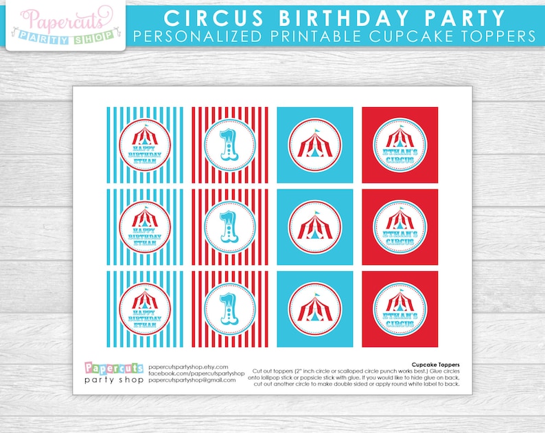 Circus / Carnival Theme Birthday Party Cupcake Toppers Aqua & Red Personalized Printable DIY Digital File image 2