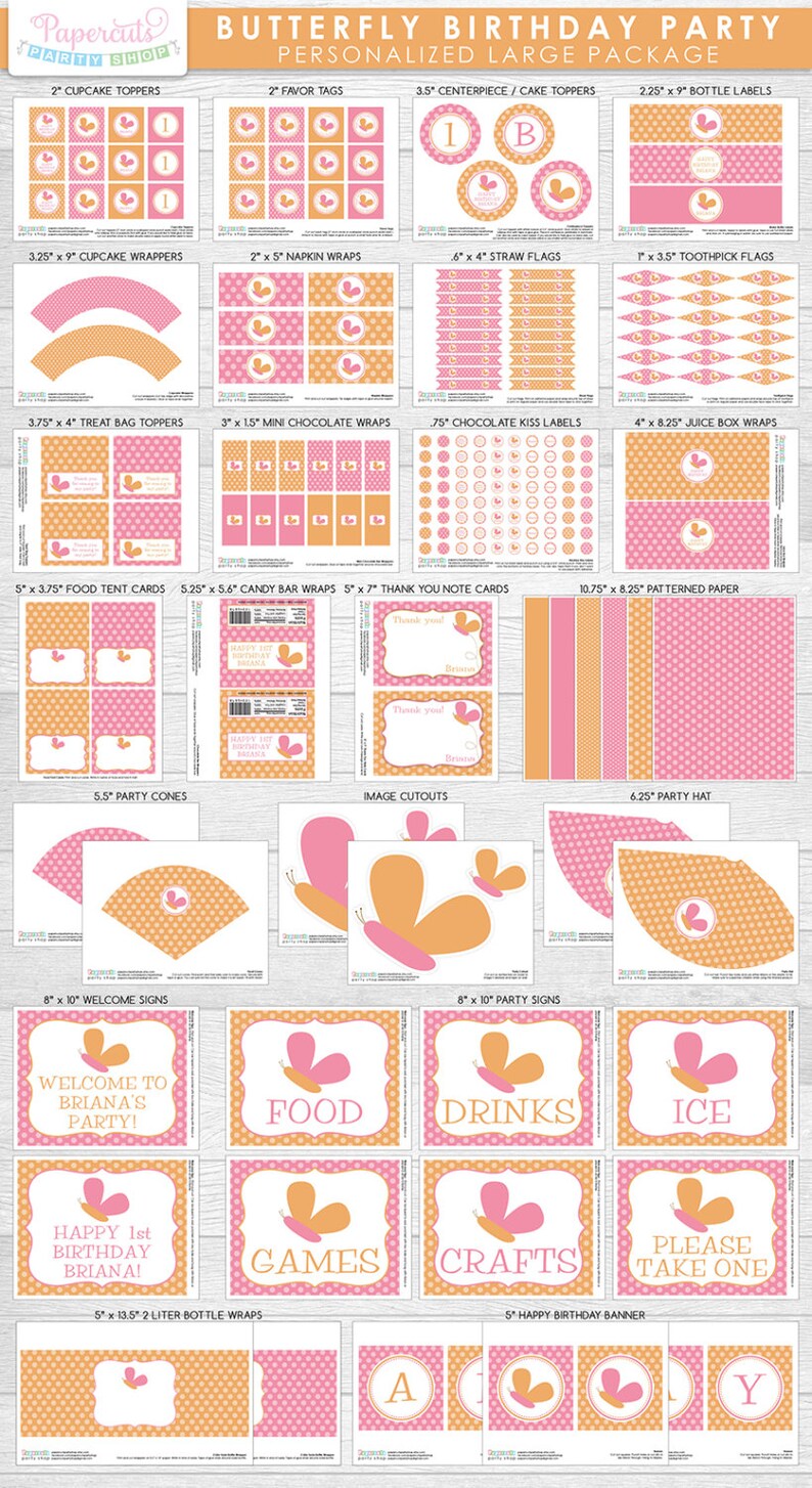 Butterfly Theme LARGE Happy Birthday Party Package Pink & Orange Personalized Printable DIY Digital File image 1