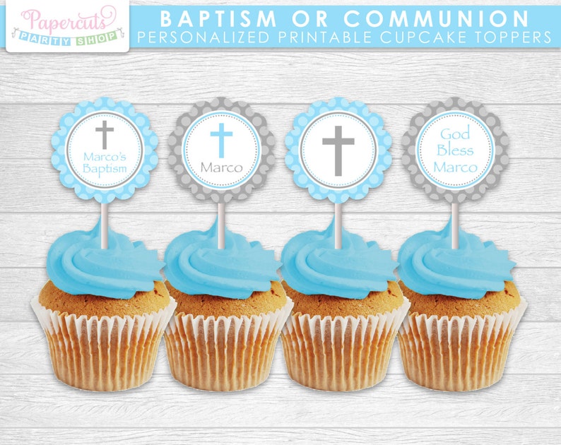 Baptism or First Holy Communion Cupcake Toppers Blue & Grey Etsy