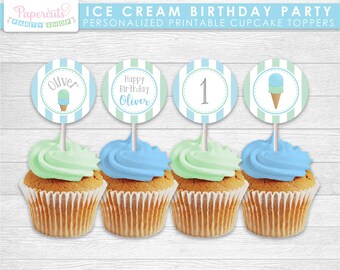 Ice Cream Theme Happy Birthday Party Cupcake Toppers | Blue & Green | Personalized | Printable DIY Digital File