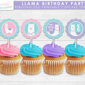 Llama Theme Happy Birthday Party Cupcake Toppers | Purple Pink &amp; Blue ...