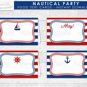 Nautical Theme Party Blank Food Tent Cards | Blue & Red | Printable DIY Digital File | INSTANT DOWNLOAD