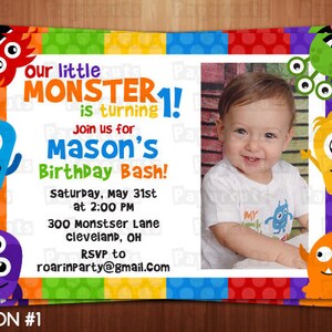 Kleine Monster Thema Geburtstag Party Einladung | Blau, Orange, Grün, Gelb, Lila & Rot | Personalisierte | Druckbare DIY digitale Datei