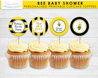 Busy Honey Bumble Bee / What Will it BEE Theme Baby Shower Cupcake Toppers | Black & Yellow | Personalized | Printable DIY Digital File