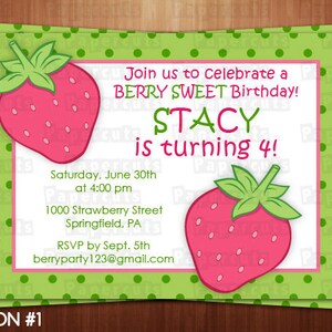 Invitation à la fête d’anniversaire du thème des fraises (en anglais seulement) Rose et Vert Personnalisés Fichier numérique DIY imprimable