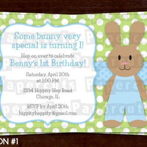 Bunny Rabbit Boy Tema fiesta de cumpleaños invitación / azul y verde / personalizado / imprimible DIY archivo digital