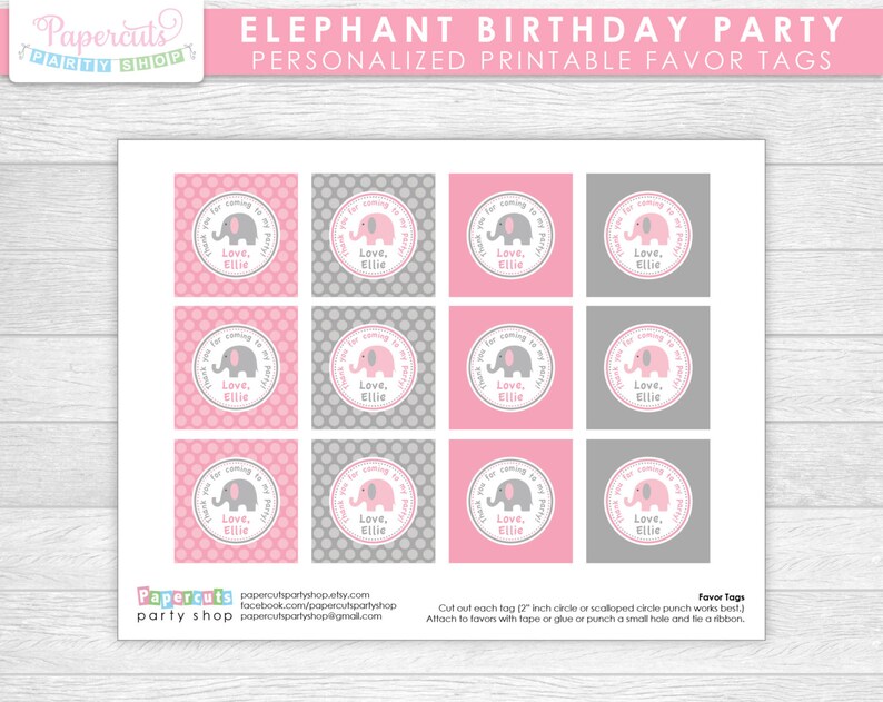 Elephant Theme Birthday Party Favor Tags Pink & Grey - Etsy