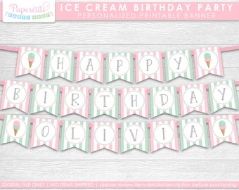 Ice Cream Theme Happy Birthday Party Banner | Pink & Green | Personalized | Printable DIY Digital File
