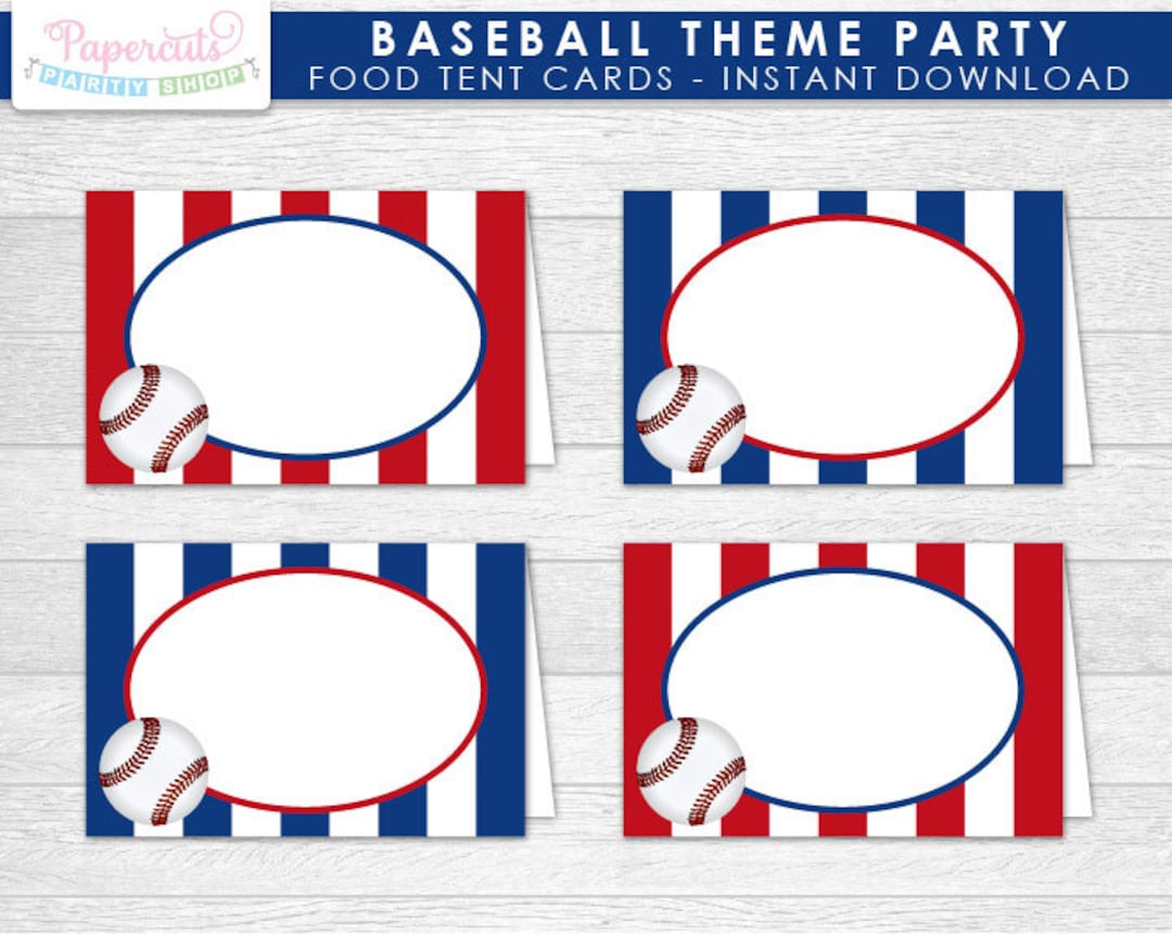 Baseball Theme Party Blank Food Tent Cards | Blue &amp; Red | Printable DIY ...