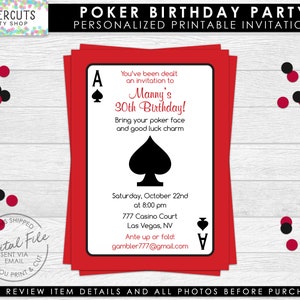 Casino Night Poker Theme Birthday Party Invitation Red & Black Personalized Printable DIY Digital File image 1