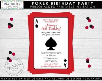 Casino Night Poker Theme Birthday Party Invitation | Red & Black | Personalized | Printable DIY Digital File