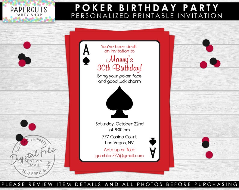 Casino Night Poker Theme Birthday Party Invitation Red & Black Personalized Printable DIY Digital File image 1