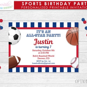 Alle Star Sport Thema Geburtstagsparty Einladung | Rot & Blau | Personalisierte | Druckbare DIY digitale Datei