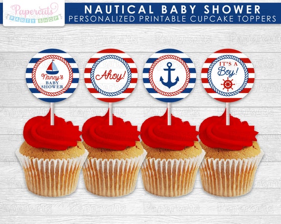 Nautical Theme Baby Shower Cupcake Toppers Blue Red It S A Boy Personalized Printable Diy Digital File By Papercuts Party Shop Catch My Party