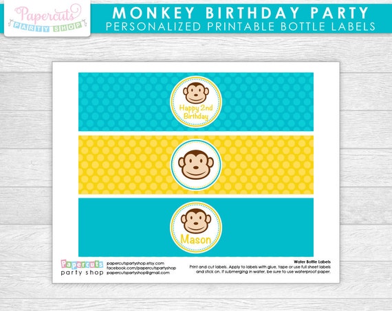 Water Bottle Labels Wrappers Mod Monkey Birthday Decorations Monkeys Boy Boys Blue Yellow Happy Birthday Printable INSTANT DOWNLOAD #336