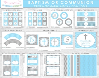 Baptism or First Holy Communion SMALL Party Package | Blue & Grey | Personalized | Printable DIY Digital Files