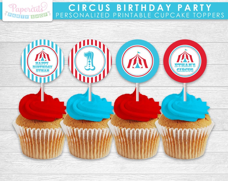 Circus / Carnival Theme Birthday Party Cupcake Toppers Aqua & Red Personalized Printable DIY Digital File image 1