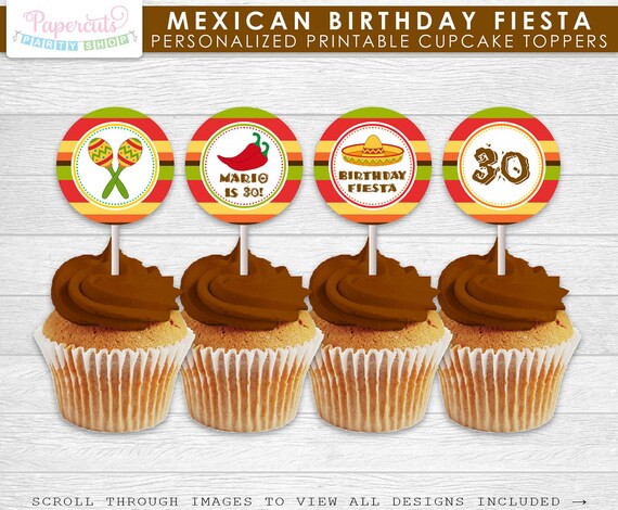 Mexican Fiesta Theme Birthday Party Cupcake Toppers Personalized