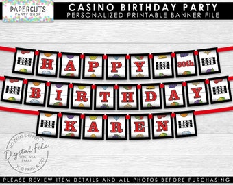 Casino Night Slot Machine Theme Happy Birthday Party Banner | Red & Black | Personalized | Printable DIY Digital File