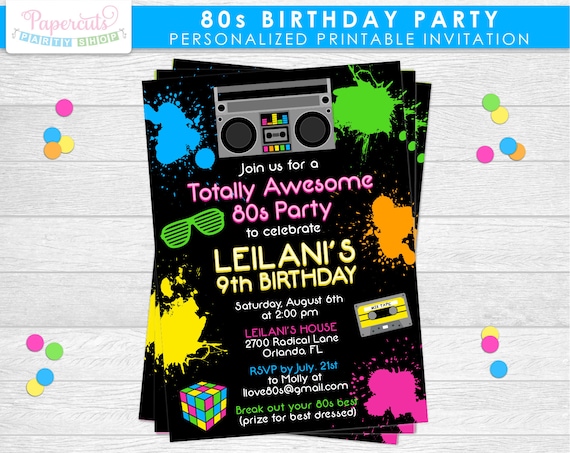 Totally 80s Theme Birthday Party Invitation Neon Green Pink Blue