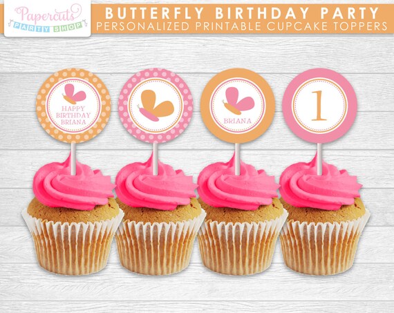 Butterfly Theme Birthday Party Cupcake Toppers Pink Orange Etsy