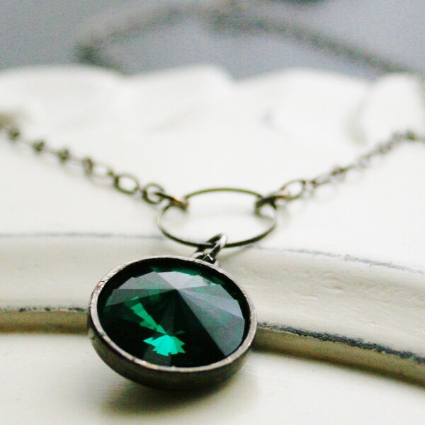 Emerald Green Necklace, Green Swarovski Crystal, Bezel, Gunmetal Chain, Wedding, Bridal, Sky Blue