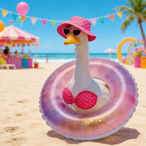 May include: A whimsical image of a white goose on a sandy beach, wearing a pink polka-dot bikini, hat, and heart-shaped sunglasses. The goose is inside a pink and purple inflatable ring. The background features a beach scene with a blue sky and colorful decorations.