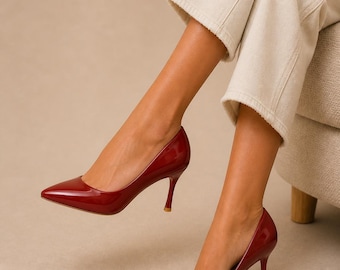 Elegant Patent Burgundy Leather Stiletto Pumps – Classic Pointed Toe Heels