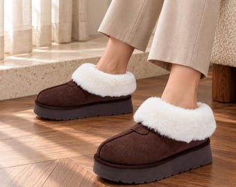 Damskie zimowe buty ze sztucznego futra, wsuwane buty na platformie, ciepłe buty outdoorowe z polarową wyściółką, zimowe buty z grubą podeszwą