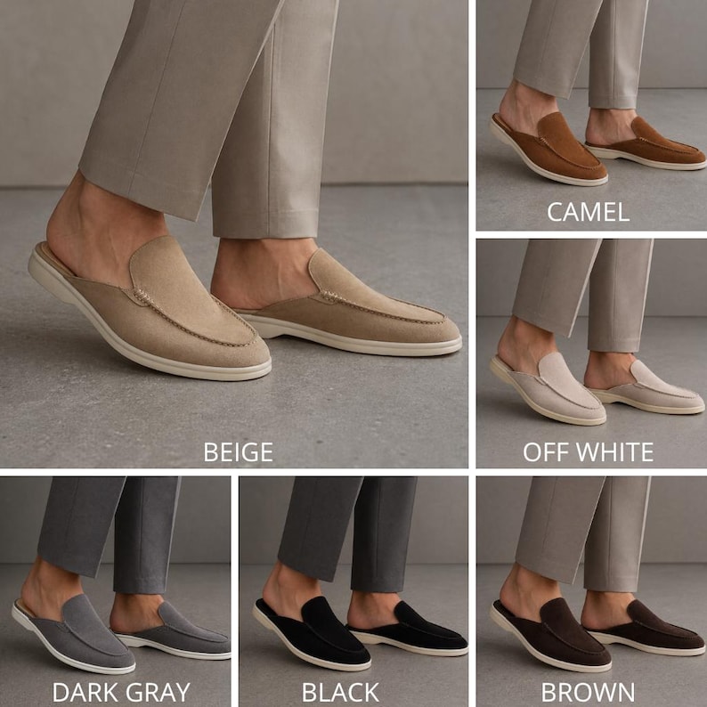 May include: A collection of suede slip-on mules in various colors: beige, camel, off-white, dark gray, black, and brown. Each pair features a rounded toe and a contrasting white sole. The image showcases the shoes on a person's feet.