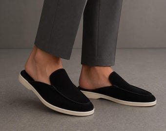 Herren Wildleder Loafer Pantoletten - Schwarze Slip-On-Backless-Schuhe