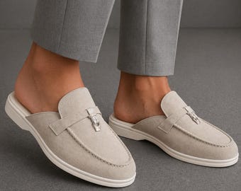 Men’s Suede Backless White Loafers – Casual Slip-On Mules Lightweight Summer Shoes