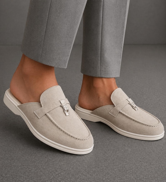 Men’s Suede Backless White Loafers – Casual Slip-On Mules Lightweight Summer Shoes