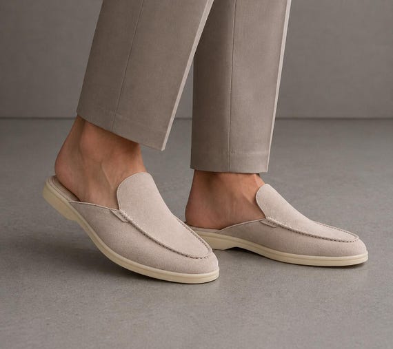 Men’s Suede Loafer Mules – White Slip-On Backless Shoes