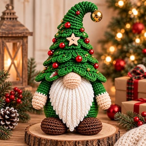 May include: A crochet gnome figurine featuring a tall green hat shaped like a Christmas tree, adorned with red beads, gold accents, and a wooden star. The gnome has a beige nose, a long white beard, green sleeves, and brown rounded feet.