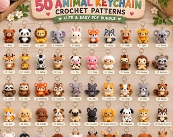 Può includere: Una visualizzazione digitale di 50 modelli di portachiavi a forma di animale all'uncinetto etichettati NuvoraCuts. L'immagine mostra una griglia di piccoli animali in filato fatti a mano, tra cui un orso, panda, leone, elefante, coniglio e altri.