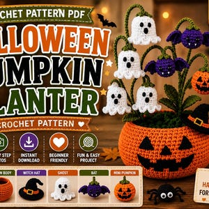 Könnte beinhalten: Eine Häkelanleitung als PDF für einen Halloween-Kürbis-Übertopf mit einem großen orangefarbenen Kürbistopf, der gehäkelte weiße Geister, violette Fledermäuse und orangefarbene Minikürbisse an grünen Stielen sowie einen Hexenhut enthält.
