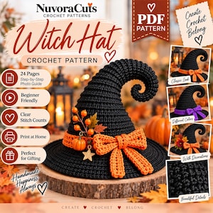 Peut inclure: Un patron de crochet pour chapeau de sorcière noir avec un sommet recourbé, un nœud orange au crochet et une breloque en forme de citrouille et d'étoile. Le document numérique comprend 24 pages de guides photo étape par étape et des instructions.