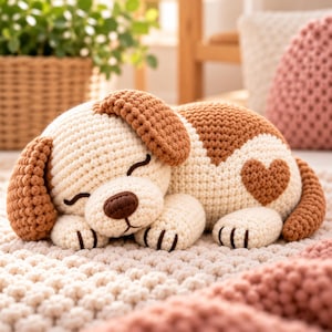 Puede incluir: Un peluche de ganchillo hecho a mano con forma de cachorro durmiendo. El juguete presenta hilo de color crema y marrón claro, con un parche marrón en forma de corazón en el costado, ojos cerrados y una pequeña nariz marrón.
