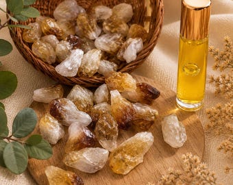 Raw Citrine Crystal with Aromatherapy Oil – Natural Prosperity Stone – Abundance & Positive Energy Gift – Handmade Spiritual Set