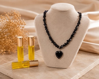 Natural Black Crystal Heart Necklace – Emotional Protection Jewelry with Aromatherapy Essence