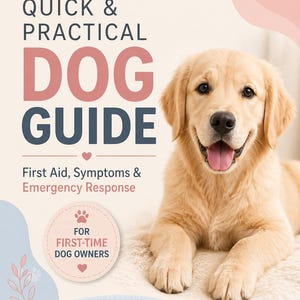 Op de afbeelding: Een honden gids cover met een glimlachende golden retriever. De titel luidt "Quick & Practical Dog Guide" in roze en marineblauw. Tekst bevat "First Aid, Symptoms & Emergency Response" en "For First-Time Dog Owners."