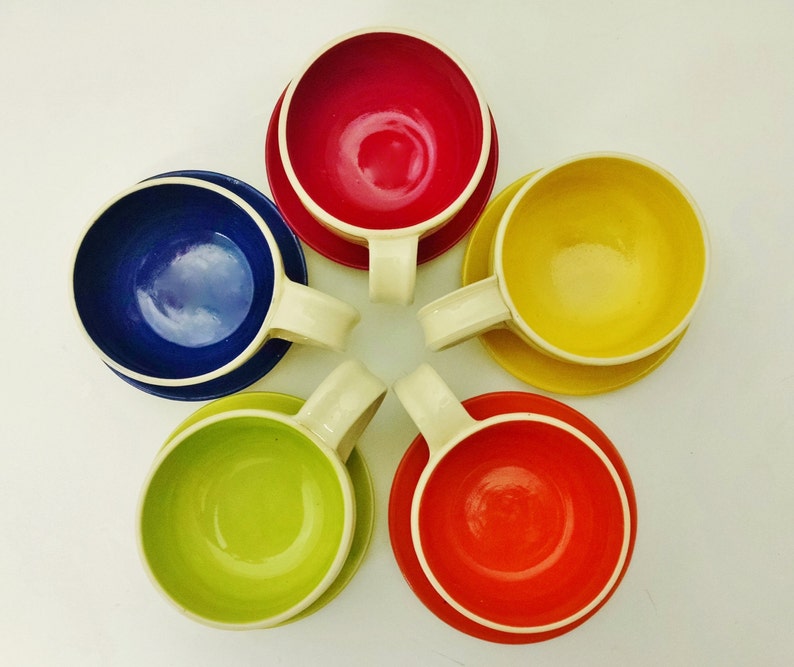 Heirloom-Quality Functional Art Pottery with Bold Bright Colors Ceramic Coffee Mug and Saucer Set set of 2