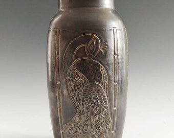 Roycroft Pewter Finish Carved Porcelain Vase, Metallic Collection, Fine Art Ceramics, Peacock Panel Design
