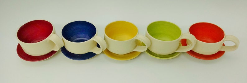 Heirloom-Quality Functional Art Pottery with Bold Bright Colors Ceramic Coffee Mug and Saucer Set set of 2