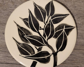 Ceramic Trivet, Spoon Rest, Kitchen Art, Botanical, Floral, Black and White Art