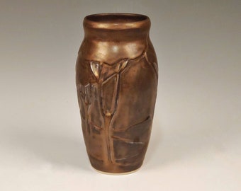 Roycroft Signed Arts & Crafts Style Porcelain Vase, Copper Finish, Hand-carved Tree Design